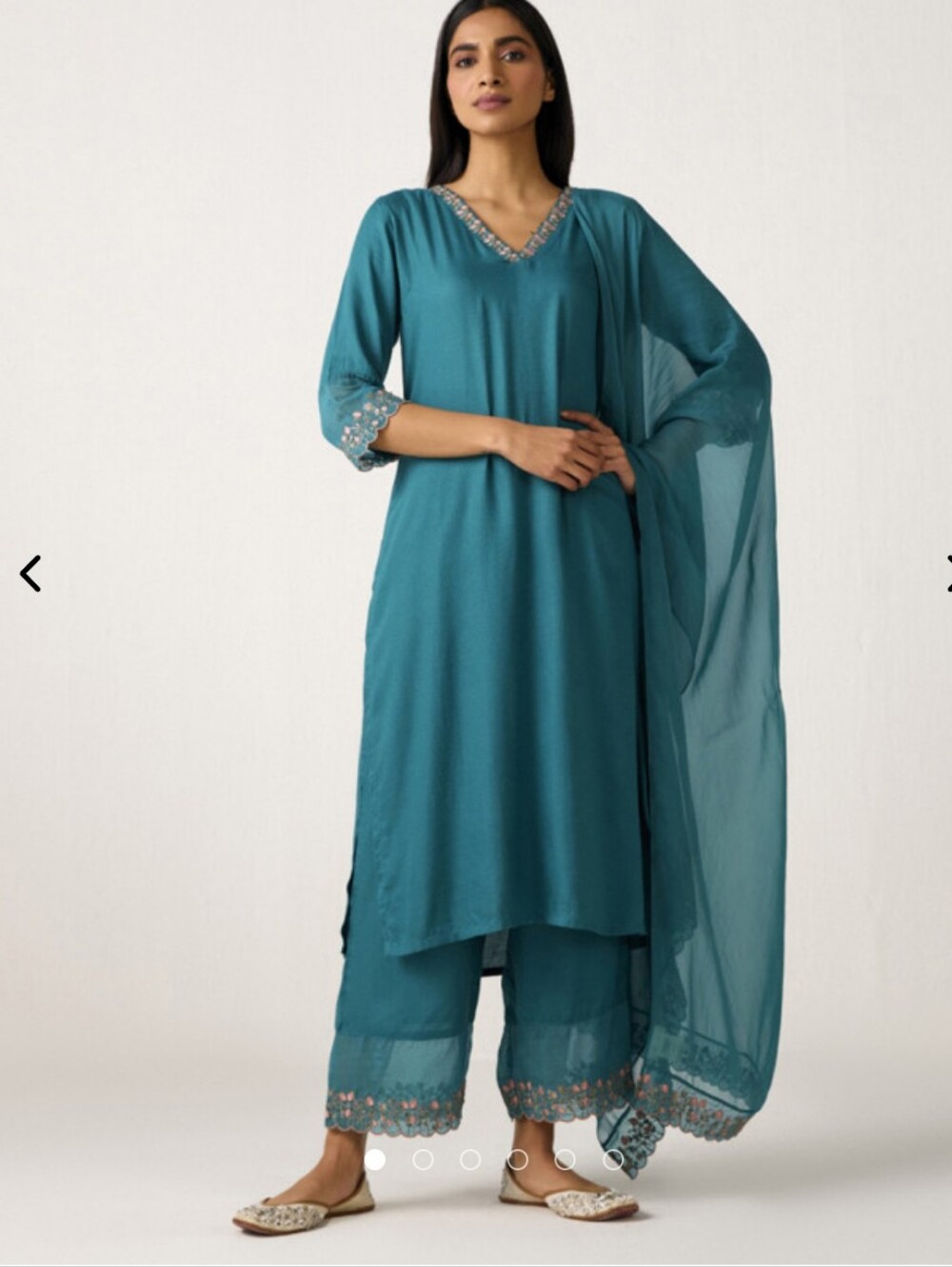 Teal Embroidered V-Neck Kurta Set with Dupatta
